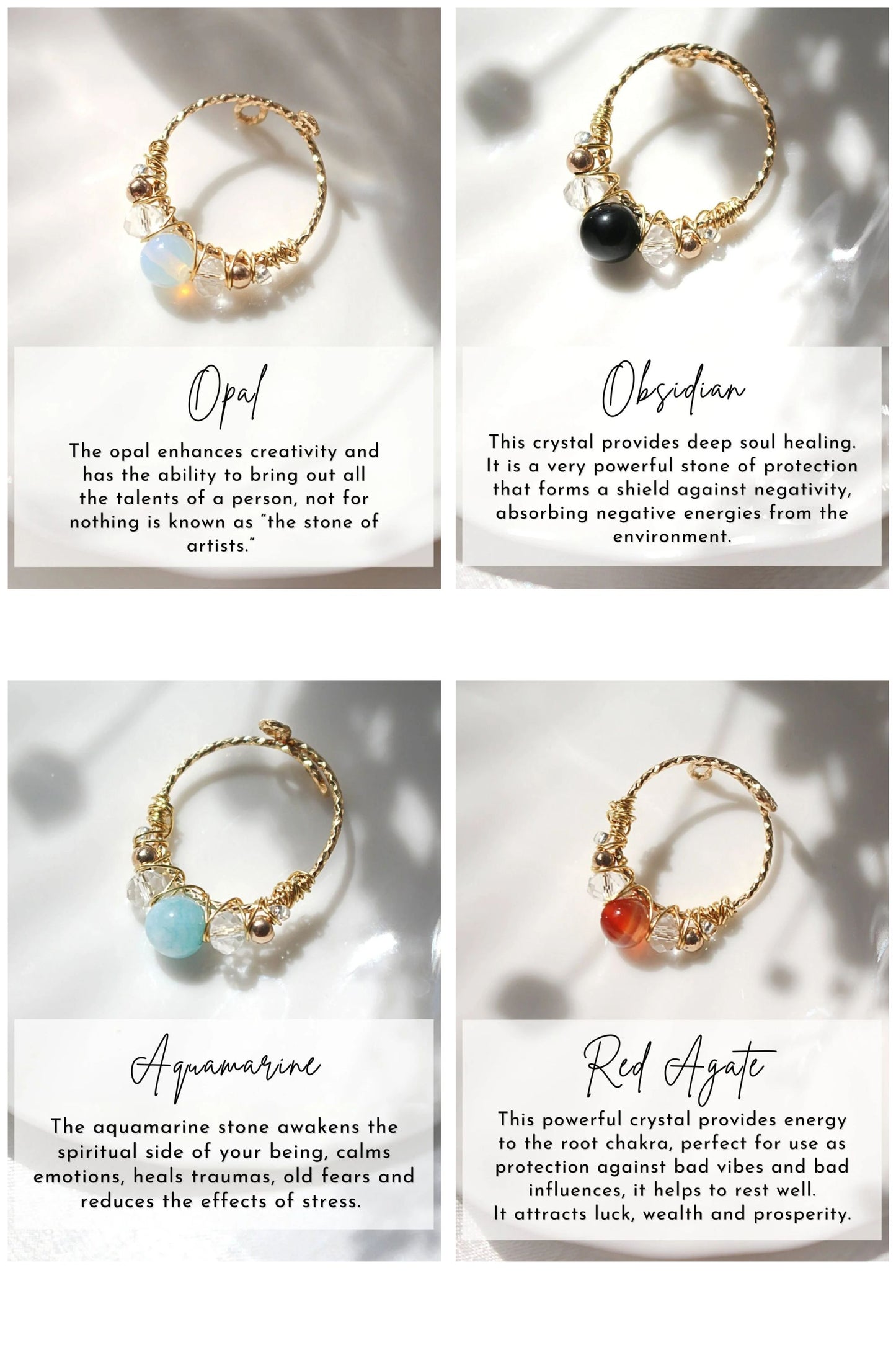 18 Gold Karats Natural Crystals Hand Wired Adjustable Ring