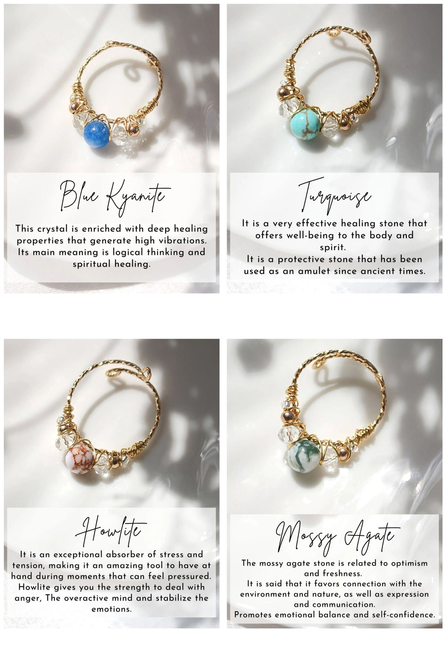 18 Gold Karats Natural Crystals Hand Wired Adjustable Ring